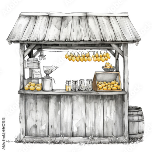 Charming lemonade stand featuring fresh lemons, jars, and rustic wooden design, ideal for summer-themed illustrations.