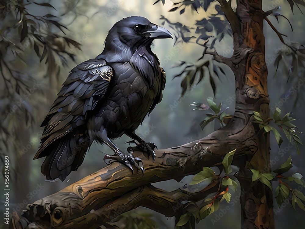 Fototapeta premium Majestic black raven perched on a weathered branch, with a dark, moody forest in the background.