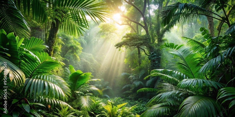 Lush tropical jungle with sunlight peeking through dense foliage