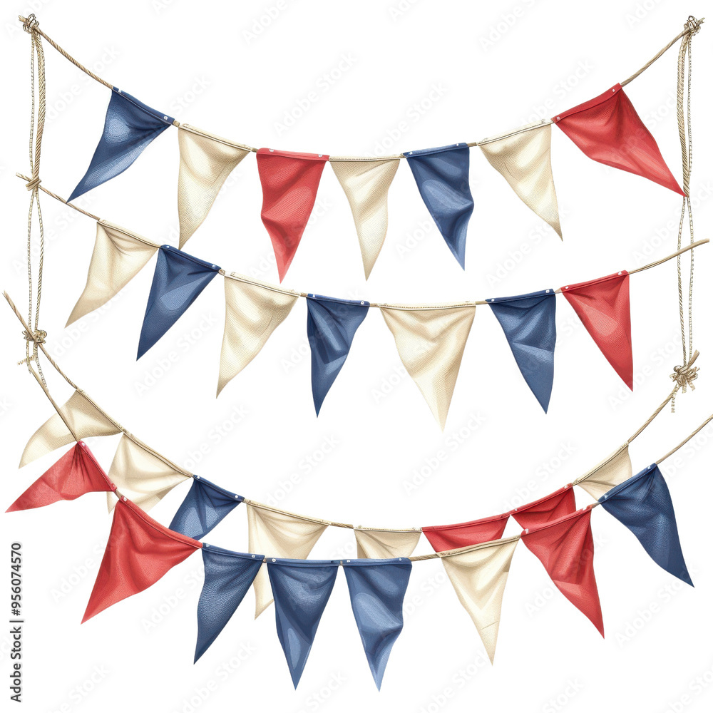 Obraz premium Colorful festive bunting with red, white, and blue flags, perfect for celebrations, parties or patriotic events.