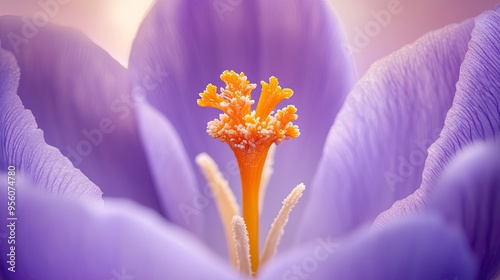 Detailed macro shot of the center of a purple crocus flower, focusing on its delicate stigma and pollen with soft lighting.