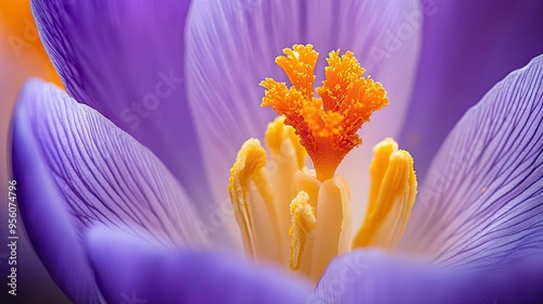 Detailed macro shot of the center of a purple crocus flower, focusing on its delicate stigma and pollen with soft lighting.