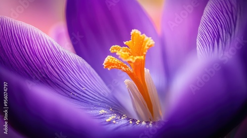 Detailed macro shot of the center of a purple crocus flower, focusing on its delicate stigma and pollen with soft lighting.