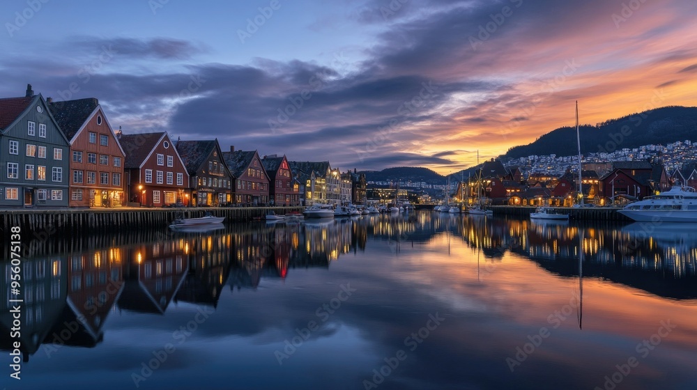 Naklejka premium Dusk at Bergen's Bryggen harbor, with the historic buildings illuminated against a serene sky and reflections dancing on the water