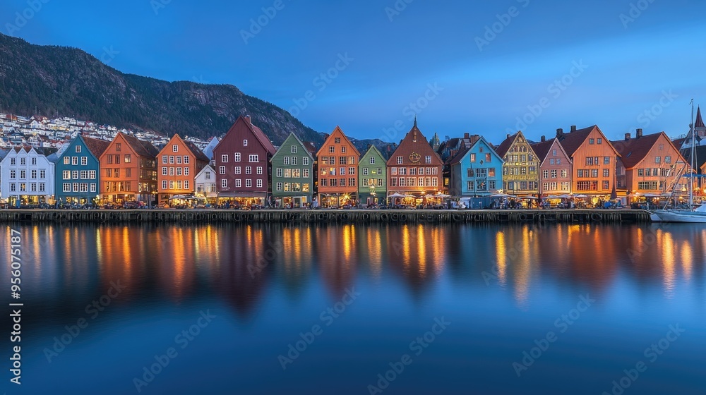 Obraz premium Dusk at Bergen's Bryggen harbor, with the historic buildings illuminated against a serene sky and reflections dancing on the water
