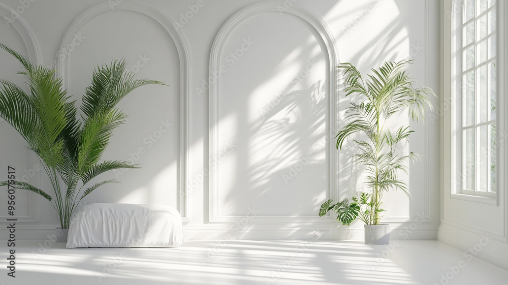 Bright and airy minimalist indoor space with plants and natural sunlight in a modern setting Bright and airy minimalist indoor space with plants and natural sunlight in a modern setting