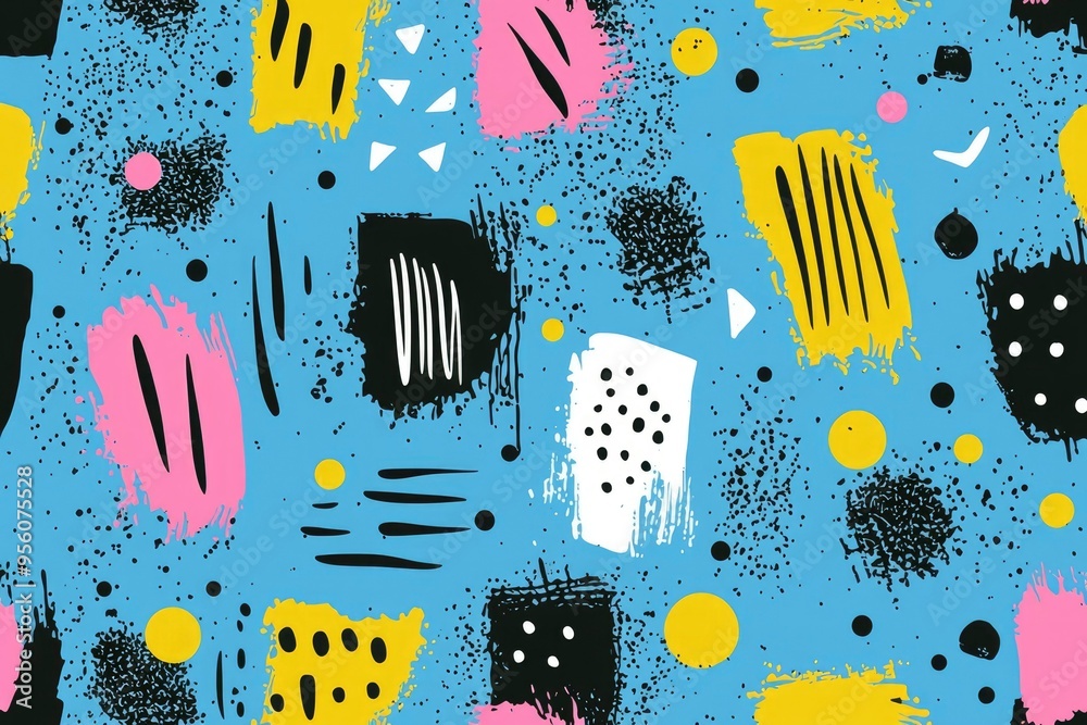 Abstract Blue Background with Yellow, Black, Pink and White Shapes and Splashes Abstract Blue Background with Yellow, Black, Pink and White Shapes and Splashes