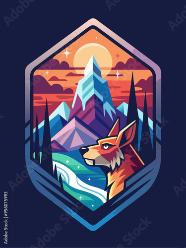 A stylized fox silhouette gazing at a mountainous landscape with a setting sun.
