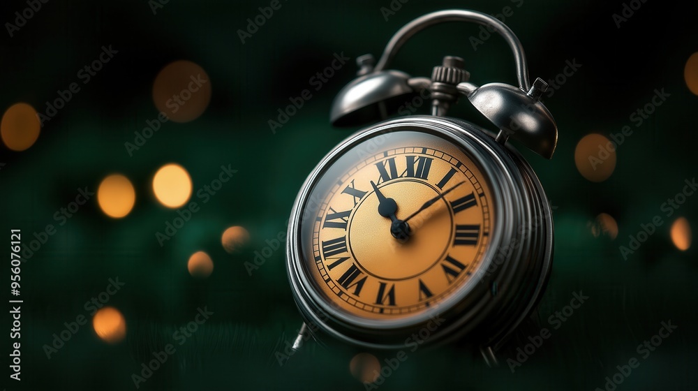 Antique clock with Roman numerals and warm bokeh lights, set against a dark green background. Antique clock with Roman numerals and warm bokeh lights, set against a dark green background.