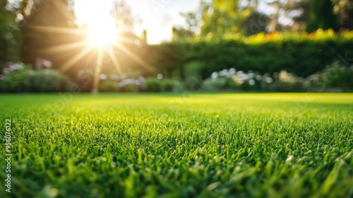 Freshly mowed green lawn under bright sunlight, with a blurred background of a well-groomed garden area