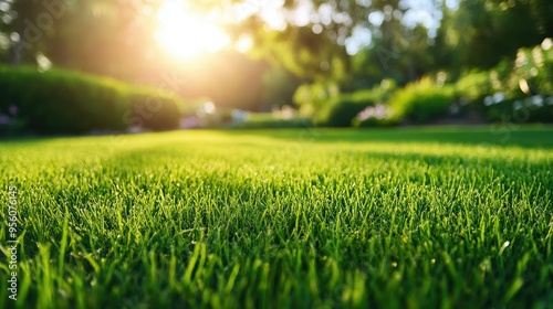 Wallpaper Mural Freshly mowed green lawn under bright sunlight, with a blurred background of a well-groomed garden area Torontodigital.ca