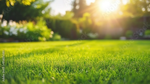 Freshly mowed green lawn under bright sunlight, with a blurred background of a well-groomed garden area