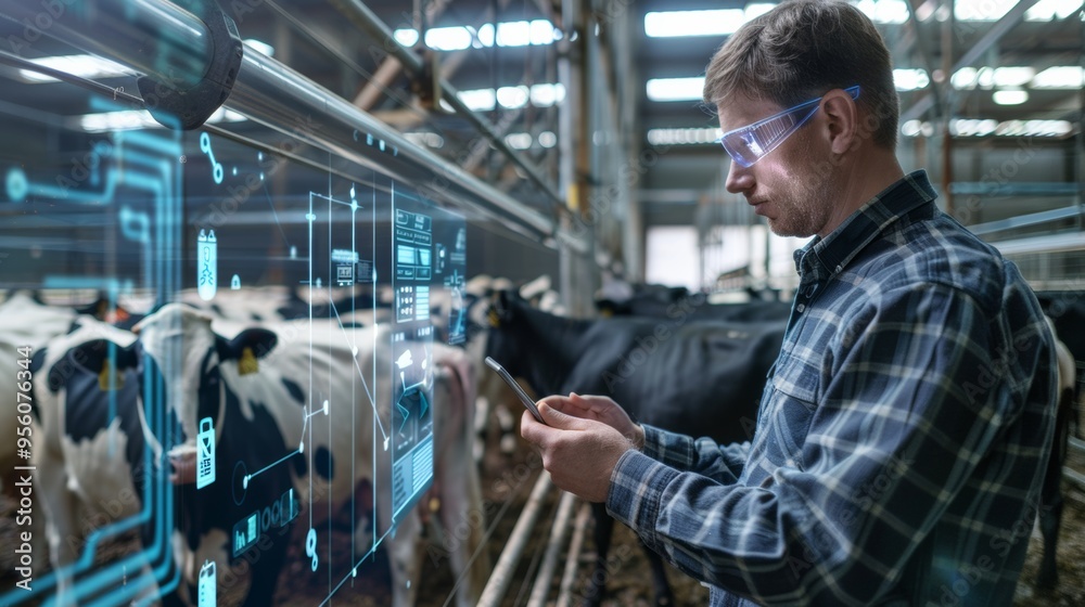 Farmer using augmented reality glasses to monitor livestock health and productivity, showcasing futuristic agriculture technology in a modern dairy farm. Farmer using augmented reality glasses to monitor livestock health and productivity, showcasing futuristic agriculture technology in a modern dairy farm.