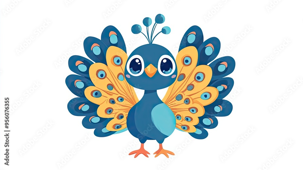 Cartoon Peacock with Large Blue Eyes and Yellow Tail Feathers Cartoon Peacock with Large Blue Eyes and Yellow Tail Feathers