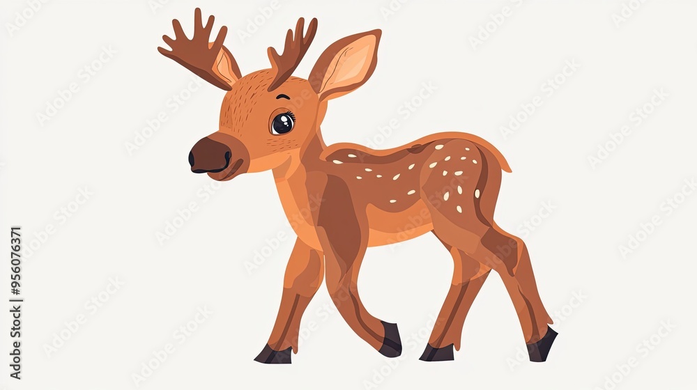 Cartoon Illustration of a Brown Spotted Fawn with Antlers