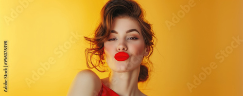 Glamorous woman with red lipstick puckering her lips against a vibrant yellow background. Concepts of beauty, confidence, and striking visual appeal.