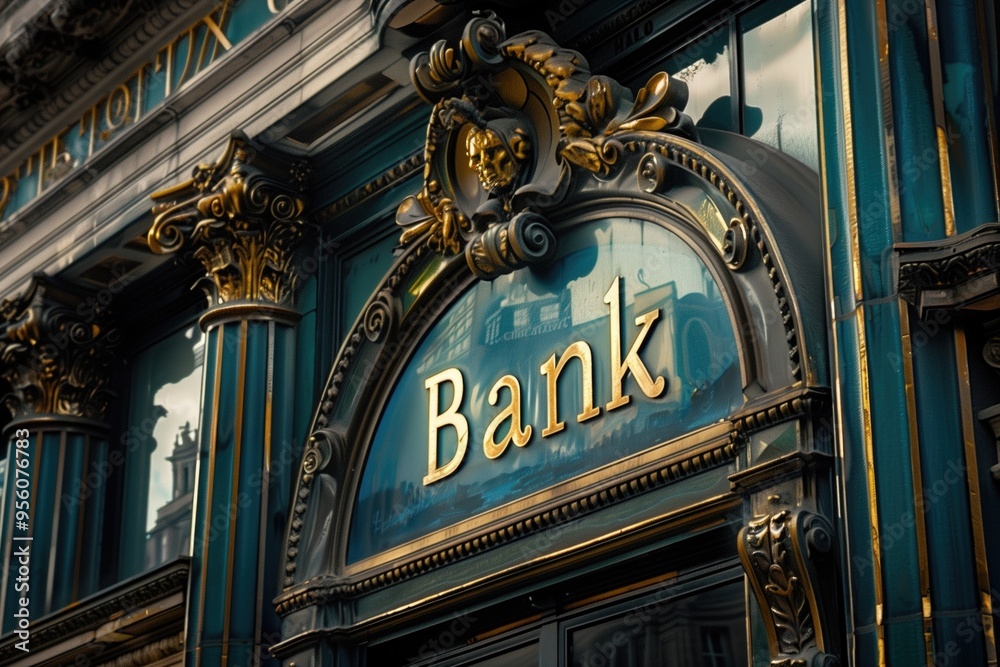 Obraz premium Ornate façade of a traditional bank building with gold and blue accents in historic architecture style. Concepts of finance, banking institutions, and economic infrastructure.