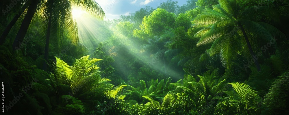 Lush tropical forest with vibrant foliage and sunbeams illuminating the dense greenery. A serene natural habitat for wildlife. Lush tropical forest with vibrant foliage and sunbeams illuminating the dense greenery. A serene natural habitat for wildlife.