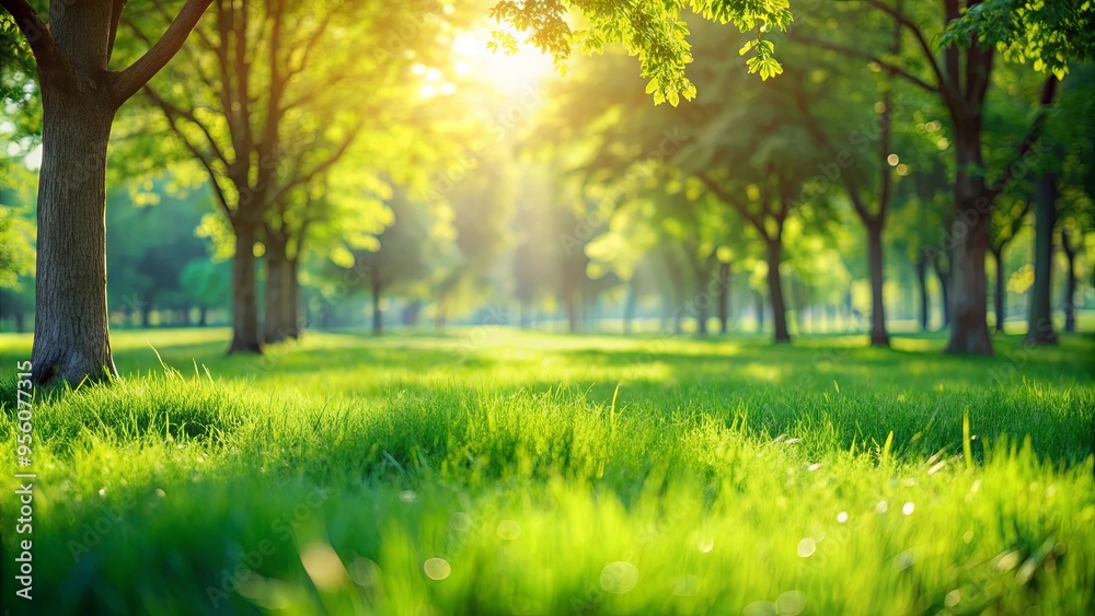 Softly blurred background of lush green grass and trees in a tranquil natural setting Softly blurred background of lush green grass and trees in a tranquil natural setting