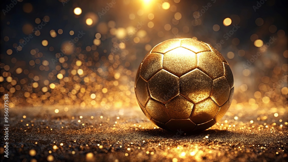 Fototapeta premium Golden soccer ball shining with glitter on a dark blurred background