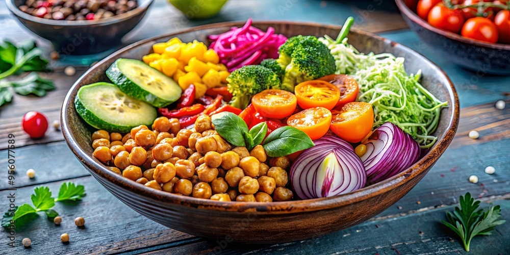 Vibrant vegan Buddha bowl filled with roasted chickpeas, vegetables, and grains Vibrant vegan Buddha bowl filled with roasted chickpeas, vegetables, and grains