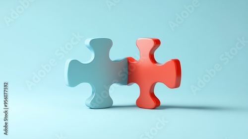 3D render of two puzzle pieces fitting together on a light blue background