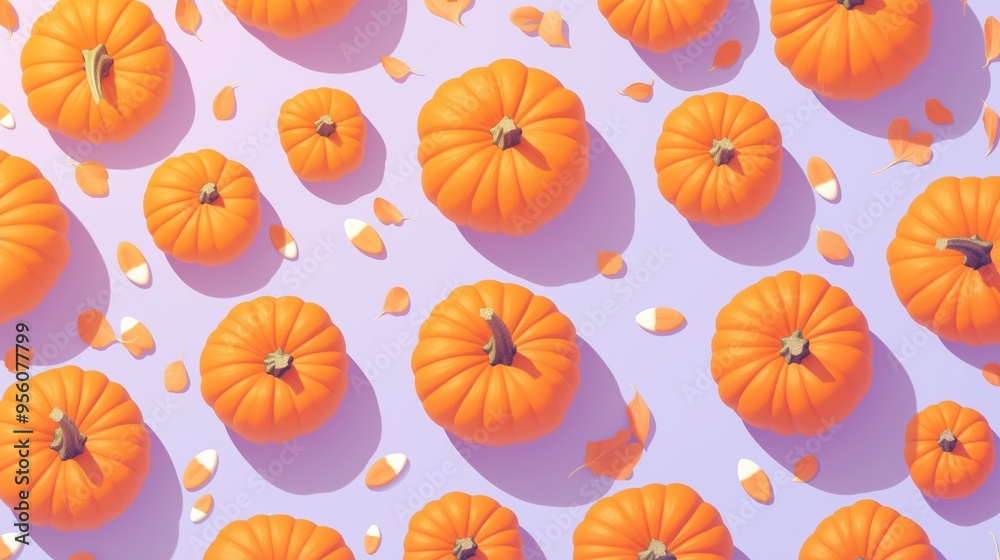 Fototapeta premium Vibrant orange pumpkins and autumn leaves scattered on a purple background. Concepts of fall, harvest, and seasonal decoration.