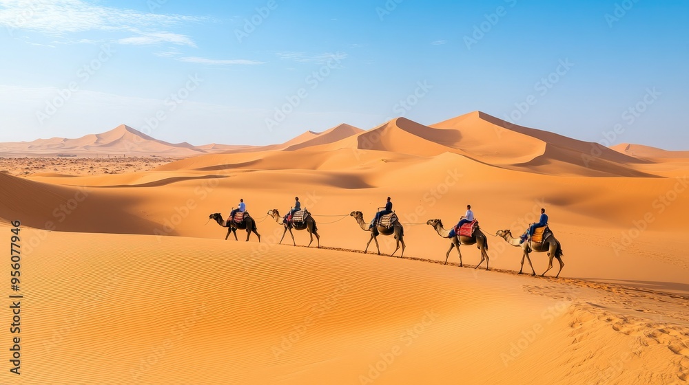 Majestic sand dunes in the Empty Quarter desert, with camel caravans crossing under a clear blue sky. Majestic sand dunes in the Empty Quarter desert, with camel caravans crossing under a clear blue sky.