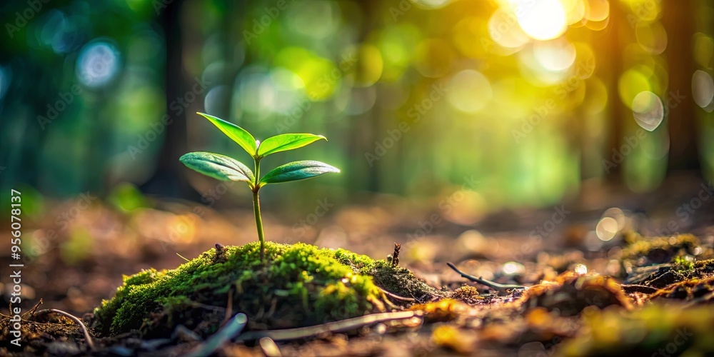 A small plant emerging from the forest floor A small plant emerging from the forest floor