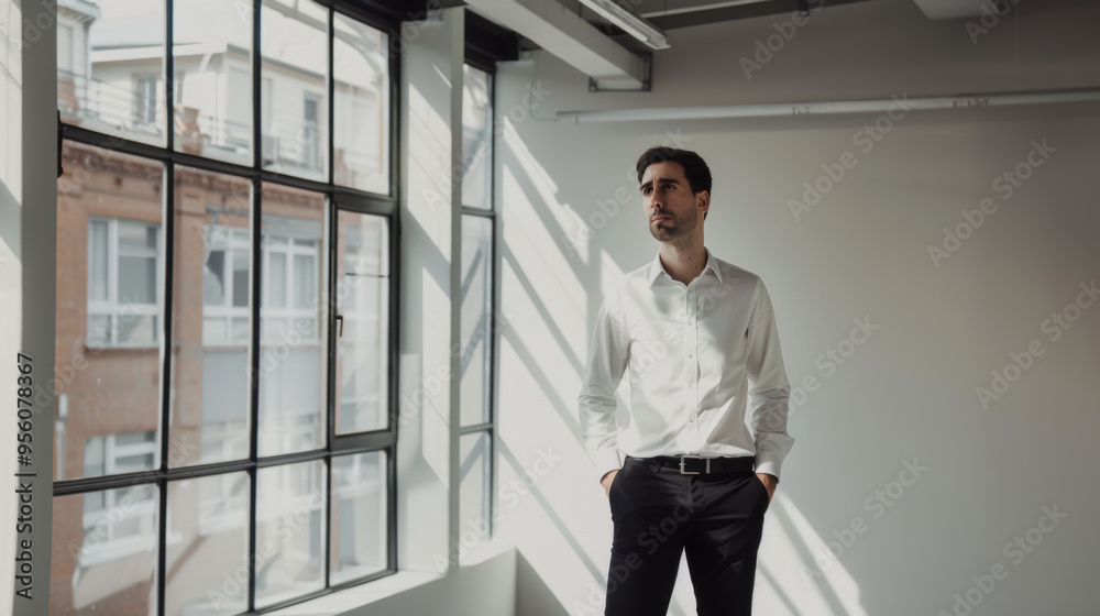 Man in White Shirt by Window. Man in White Shirt by Window.