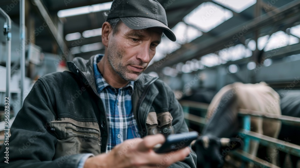 A man in a black cap and jacket uses a smartphone in a barn, with cows in the background. A man in a black cap and jacket uses a smartphone in a barn, with cows in the background.