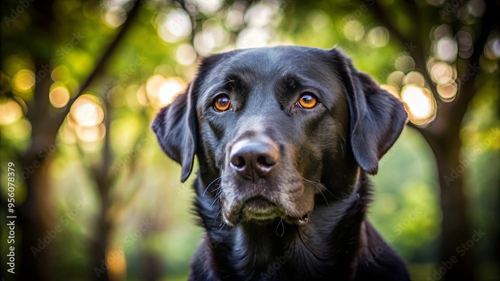 Close up of a black dog's emotive face with trees in the background Close up of a black dog's emotive face with trees in the background