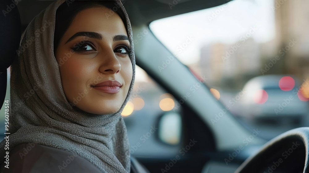 Modern Saudi woman driving a car through a busy city street with a confident expression. Modern Saudi woman driving a car through a busy city street with a confident expression.