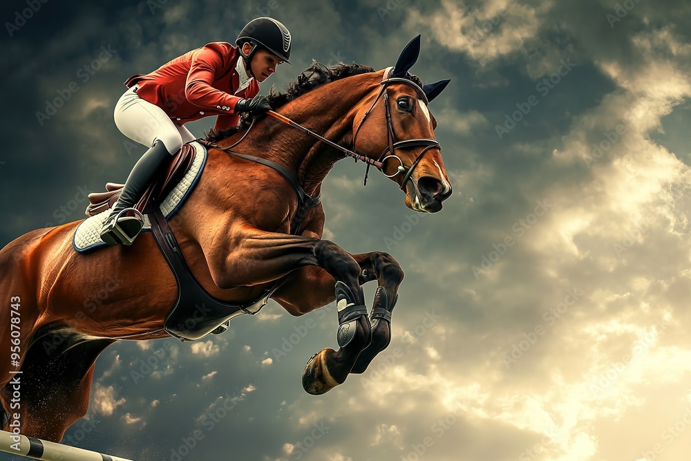 Naklejka premium Equestrian jumping event, horse and rider in action