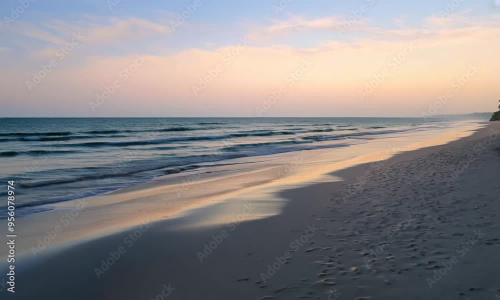 The camera captures an expansive, empty beach at dawn. Gentle waves lap at the shore, with soft pastel colors in the sky reflecting on the wet sand. The horizon stretches endlessly, meeting the calm The camera captures an expansive, empty beach at dawn. Gentle waves lap at the shore, with soft pastel colors in the sky reflecting on the wet sand. The horizon stretches endlessly, meeting the calm