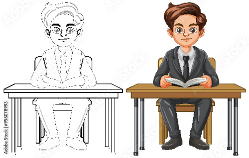 Student Reading at Desk Illustration