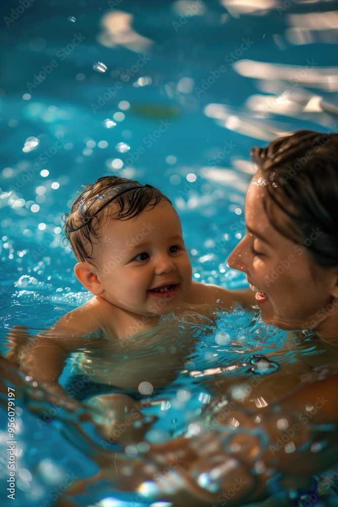 Smiling mother and baby enjoying time in swimming pool with clear blue water. Concepts of bonding, water fun, and family time. Smiling mother and baby enjoying time in swimming pool with clear blue water. Concepts of bonding, water fun, and family time.