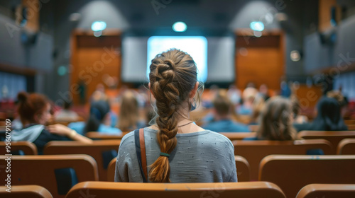 Student with braided hair sitting in lecture hall, viewing a presentation screen upfront. Concepts of education, learning, and academic environment.