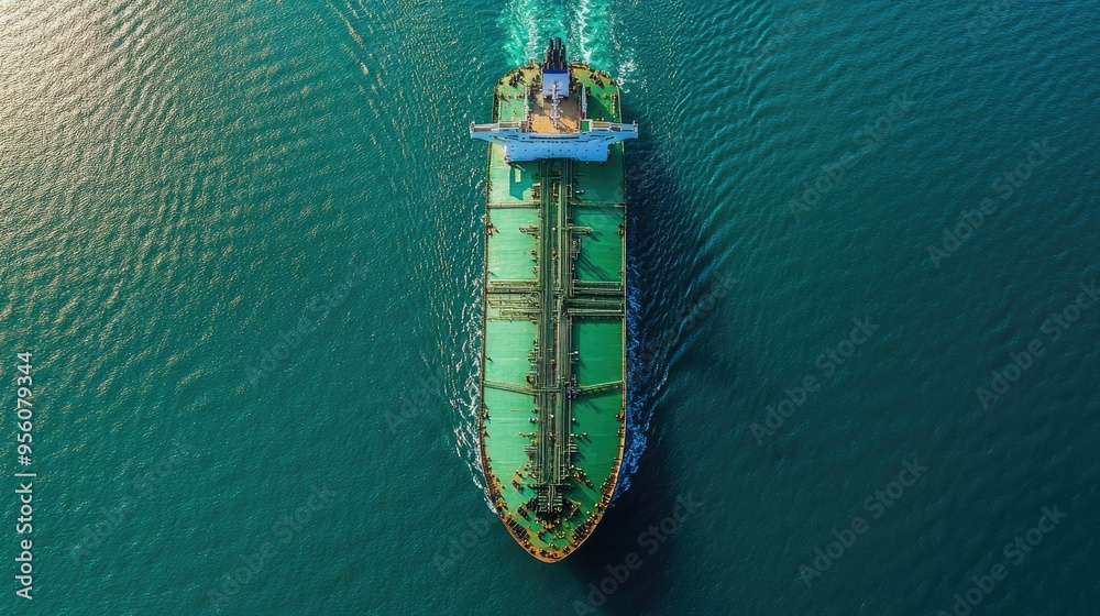 Overhead view of an oil and gas tanker ship navigating the waters, with the horizon in the background Overhead view of an oil and gas tanker ship navigating the waters, with the horizon in the background
