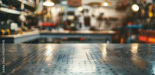 Automotive workbench in a cluttered workshop with various tools blurred in the background. Concepts of craftsmanship, manual labor, and DIY projects.