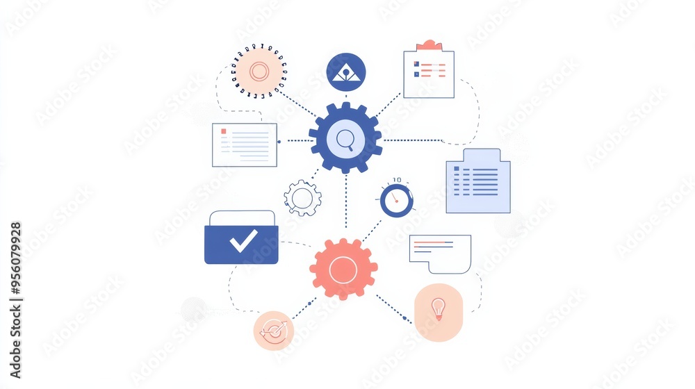 Illustration depicting interconnected gears and icons representing various business processes such as task management, planning, documentation, analysis, scheduling, and idea generation. Illustration depicting interconnected gears and icons representing various business processes such as task management, planning, documentation, analysis, scheduling, and idea generation.