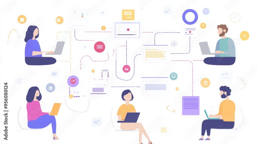 Illustration of four people working on laptops, connected through a digital network, symbolizing remote collaboration and online communication in a virtual workspace. Illustration of four people working on laptops, connected through a digital network, symbolizing remote collaboration and online communication in a virtual workspace.