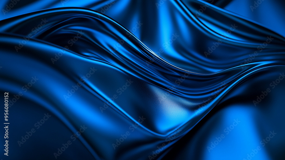 Fototapeta premium Elegant blue silk fabric drapes flowing gracefully in soft waves under gentle light