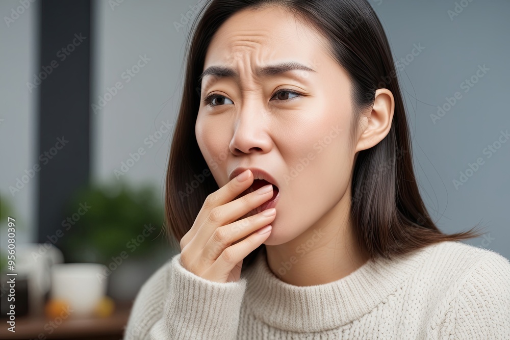 Young Asian Woman Experiencing Flu Symptoms and Coughing Close-Up Young Asian Woman Experiencing Flu Symptoms and Coughing Close-Up