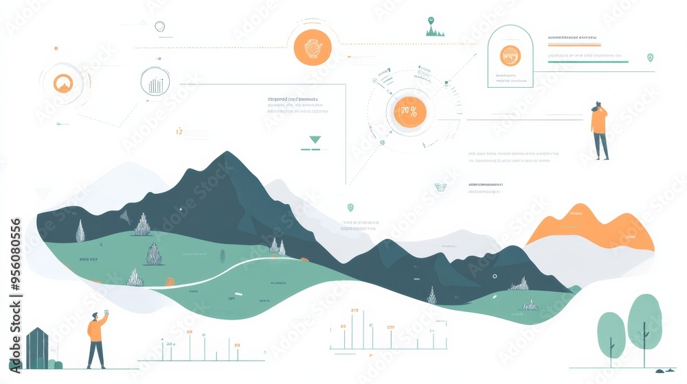 Naklejka premium Illustration showing data visualization elements, graphs, and charts integrated into a landscape scene with mountains, trees, and people interacting with data points.
