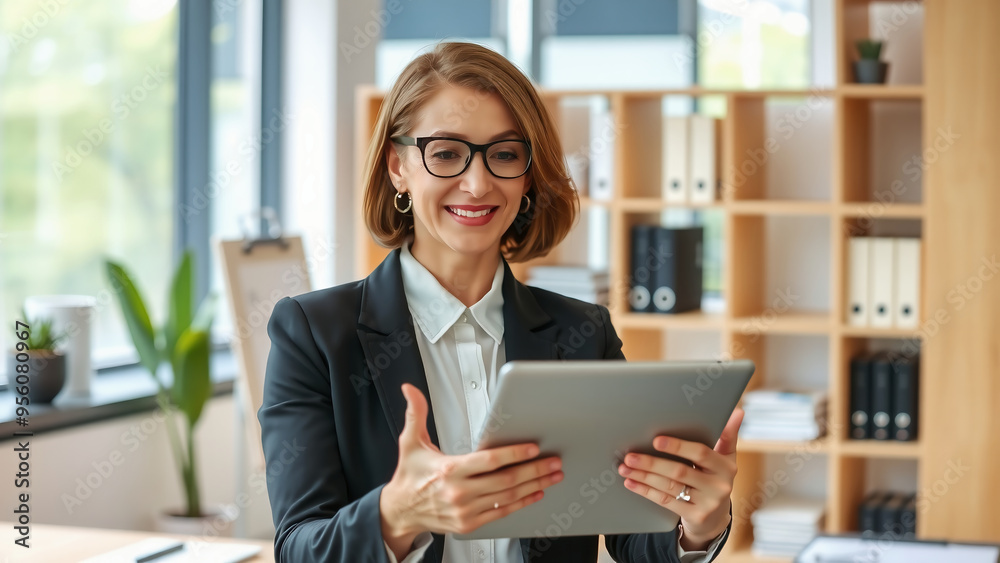 Businesswoman Holding Tablet in Bright Modern Office Businesswoman Holding Tablet in Bright Modern Office