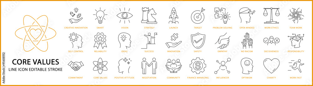 Core Values Icon Set In Line Style. Containing responsibility, trust, teamwork, commitment, vision, integrity, mission, quality, etc. Vector Illustration. Core Values Icon Set In Line Style. Containing responsibility, trust, teamwork, commitment, vision, integrity, mission, quality, etc. Vector Illustration.