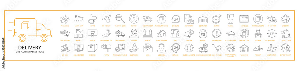 Delivery icon Set In Line Style. Containing shipping, box, cargo, truck, business, transportation, express, package, etc. Vector Illustration. Delivery icon Set In Line Style. Containing shipping, box, cargo, truck, business, transportation, express, package, etc. Vector Illustration.