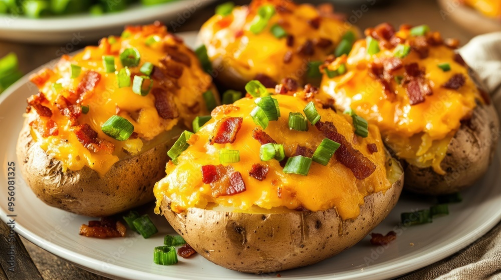 Savory close-up of baked potatoes loaded with bacon, cheddar cheese, and green onions, arranged on a white plate. Savory close-up of baked potatoes loaded with bacon, cheddar cheese, and green onions, arranged on a white plate.