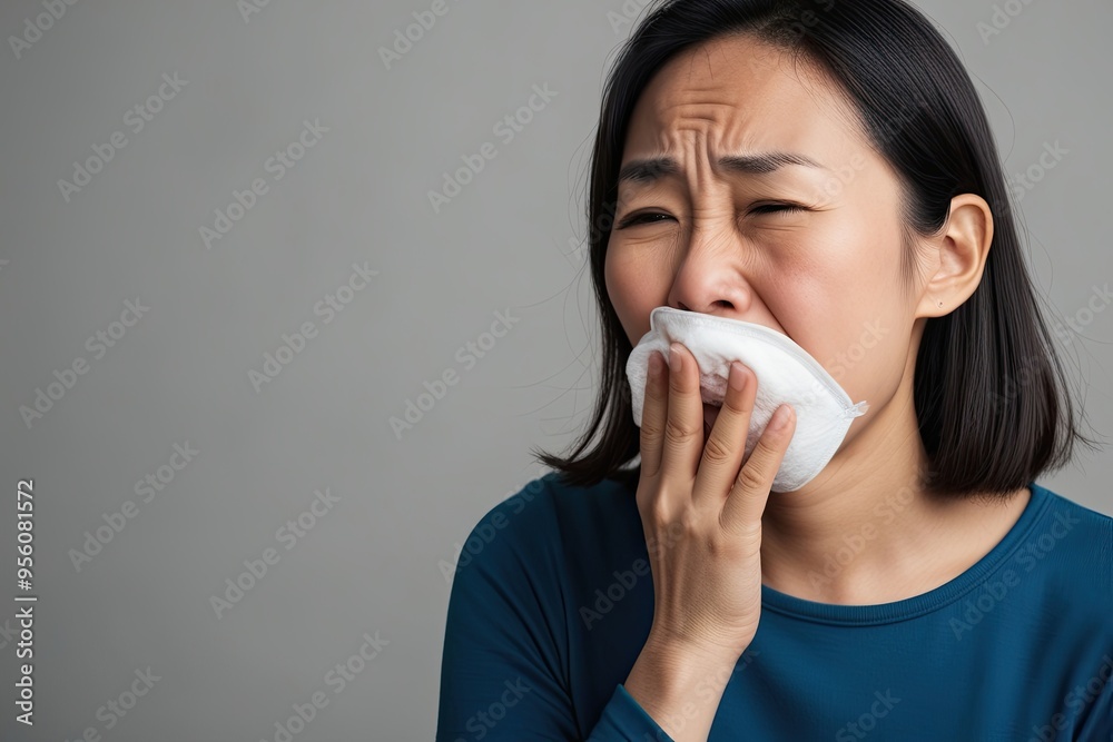 Asian Woman Suffering from Flu Symptoms Coughing on Isolated Background Asian Woman Suffering from Flu Symptoms Coughing on Isolated Background